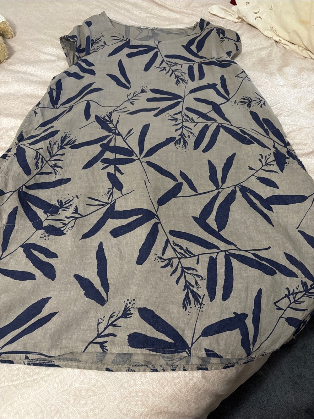 Lungo L’Atno Blue Leaf-Print Women's Linen dress